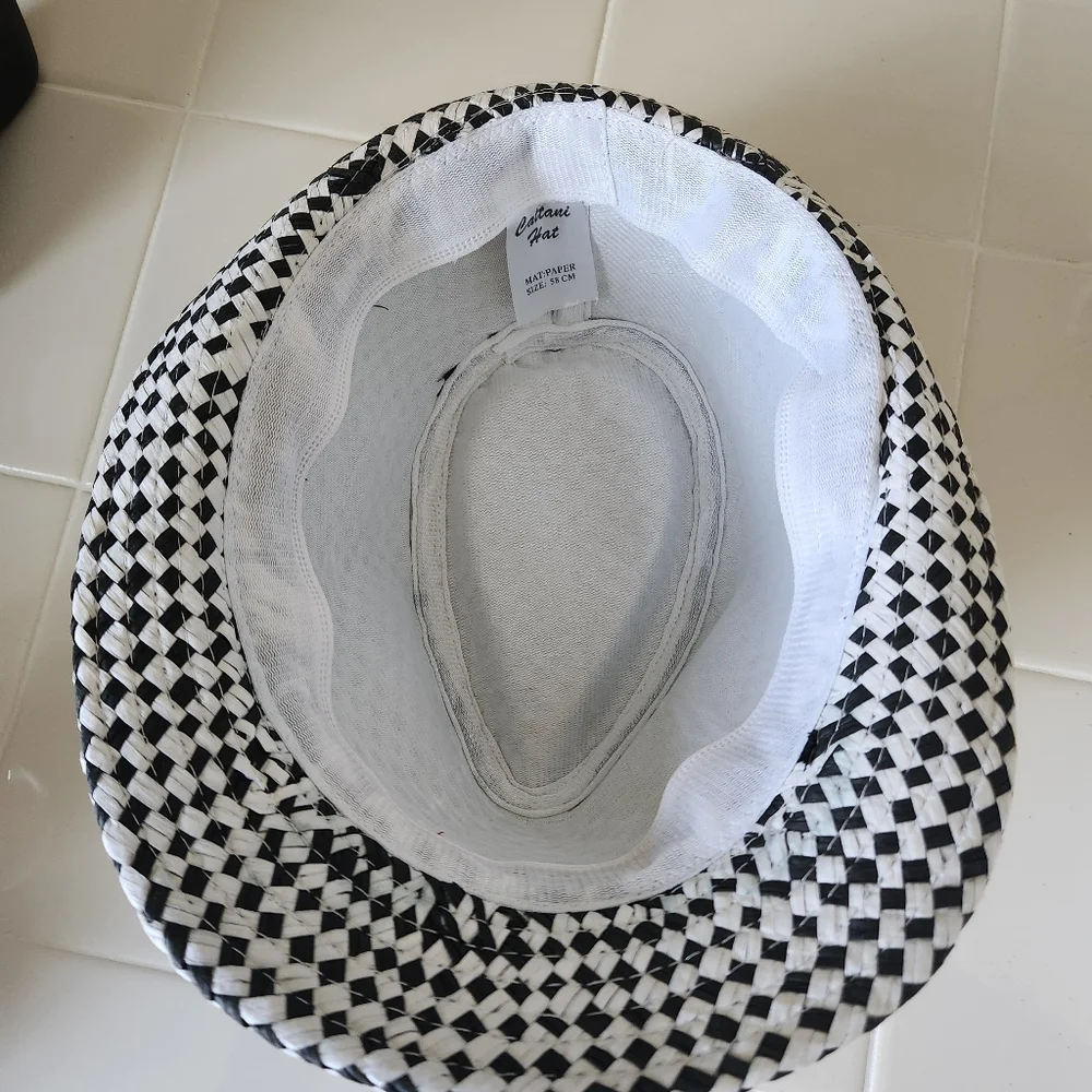 CATTANI Black & White Checkered Trilby Fedora Hat - Stingy Brim Ska Style 58cm